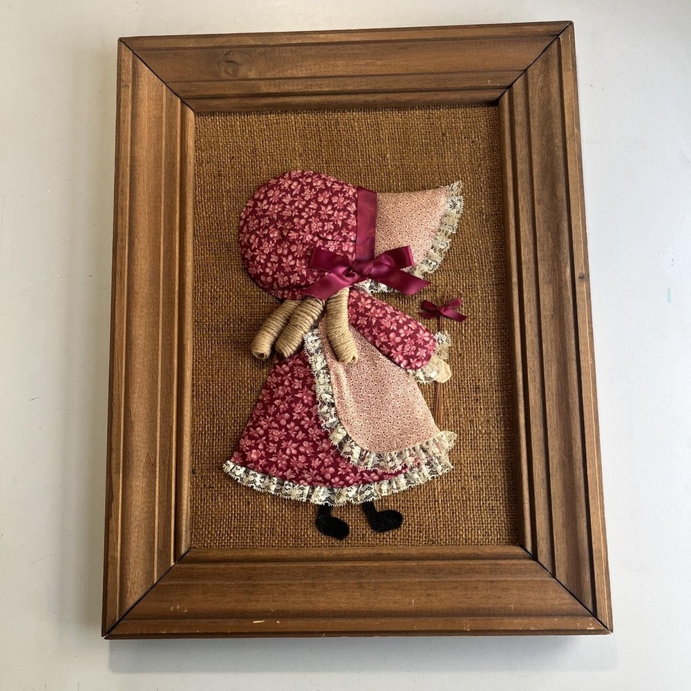3D Holly Hobbie Hobby Quilted Fabric Burlap Wood Framed Wall Art 18.5x15 Cottage
